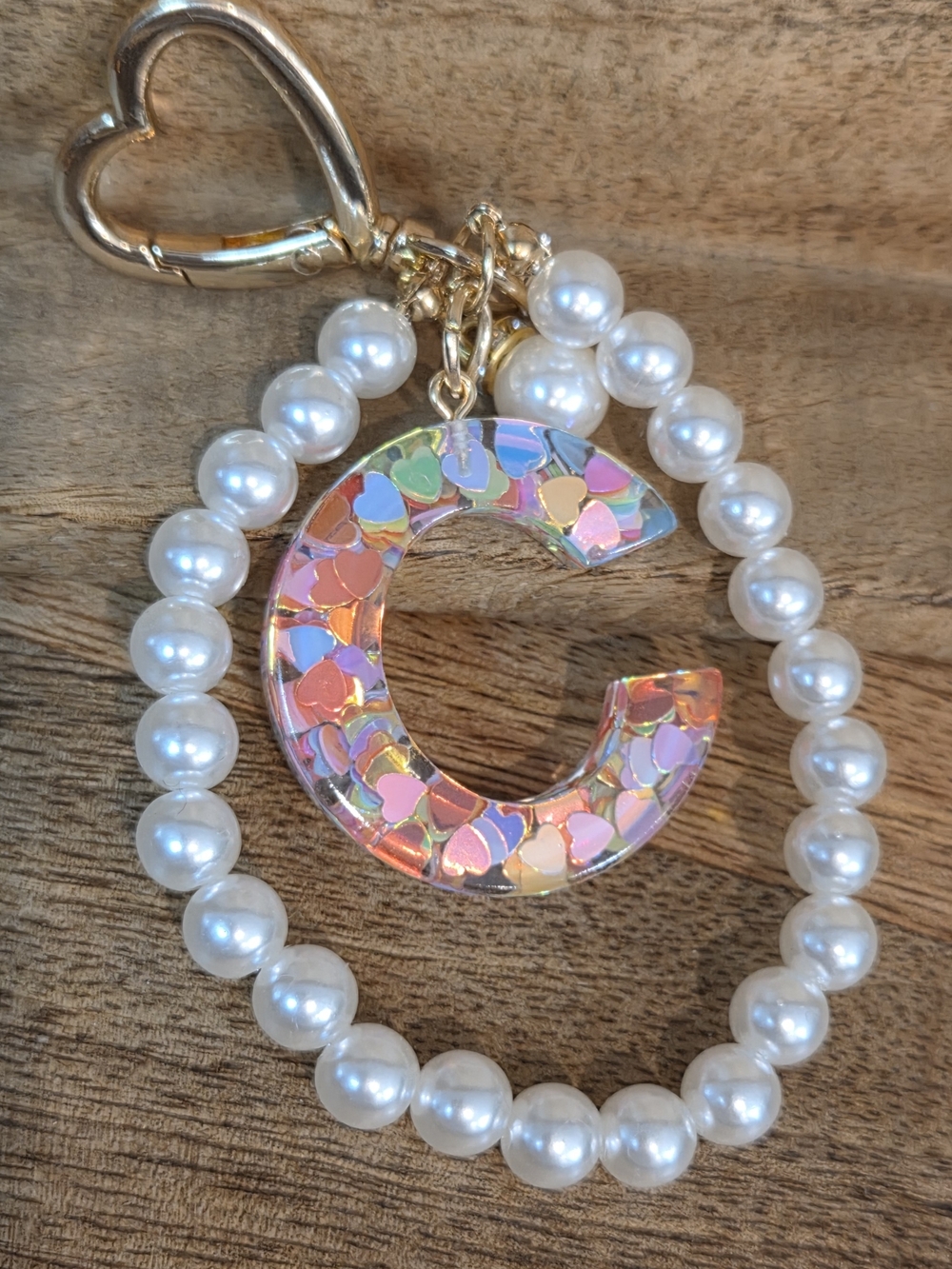 Pearl Beaded Wristlet with a Heart Filled Iridescent 'C' Charm - Picture 5 of 8